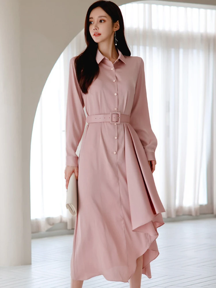 

Женское платье-рубашка на пуговицах, Элегантное повседневное приталенное платье средней длины в Корейском стиле, Пляжное и уличное платье ...