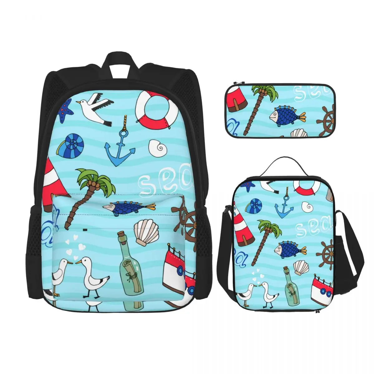 

3 Pcs Cute Nautical Element Backpack Unique Prints Knapsack for Teenagers Girls Boys Travel Bagpack Children School Bags