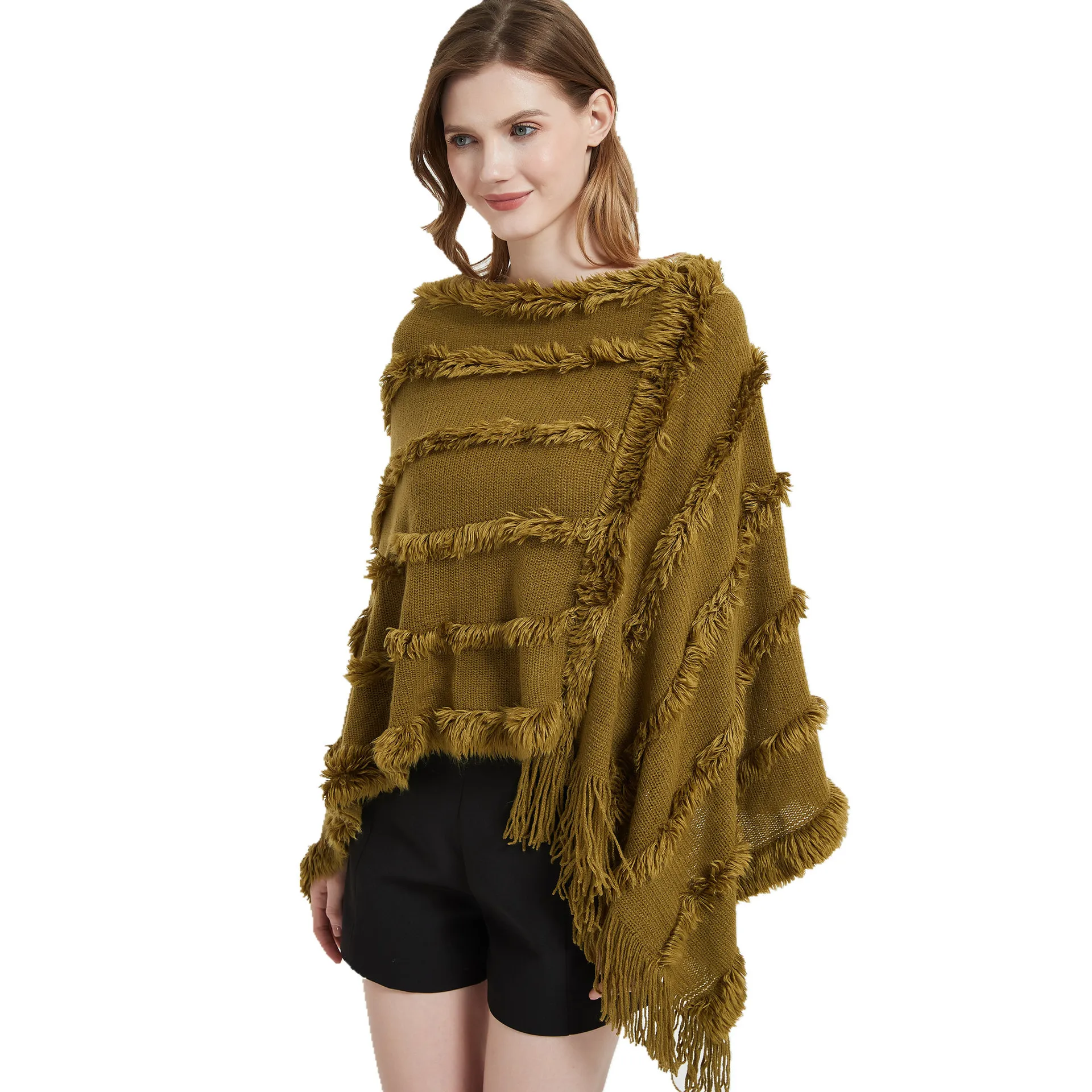 

CHENKIO Fashion Shawl Womens Autumn and Winter V-neck Solid Color Knitted Plush Shawl Poncho Women Winter Poncho Women Luxury