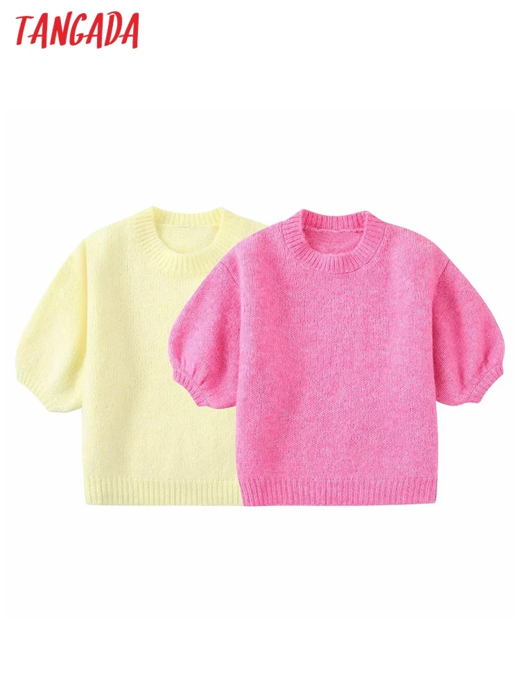 

Tangada 2022 Autumn Women Pink Loose Knit Sweater Vintage O Neck Short Puff Sleeves Jumper 3H246