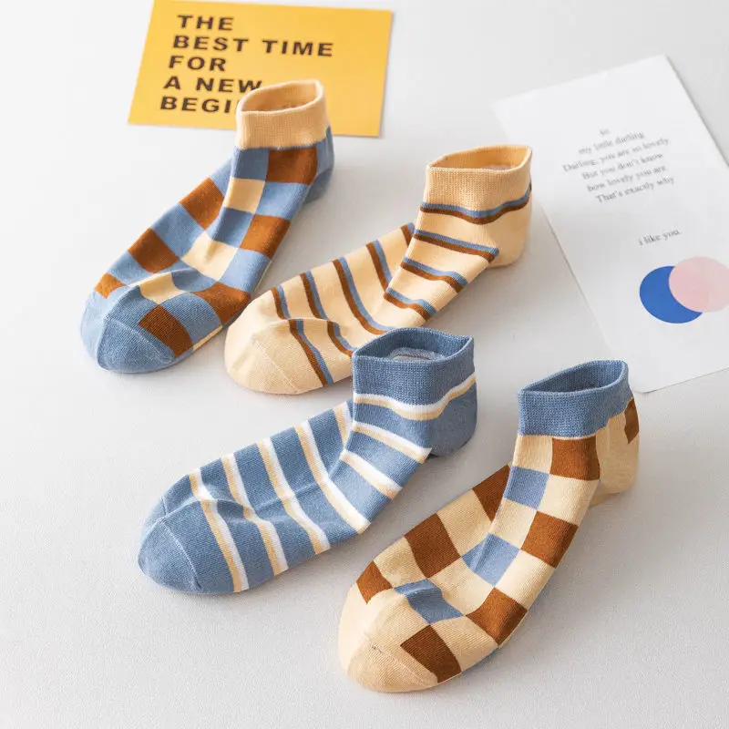 10 Pairs/Lot Summer Socks Women's Low Tube Socks Striped Cotton Ins Tide Thin Cartoon Print Socks Line Ladies Socks