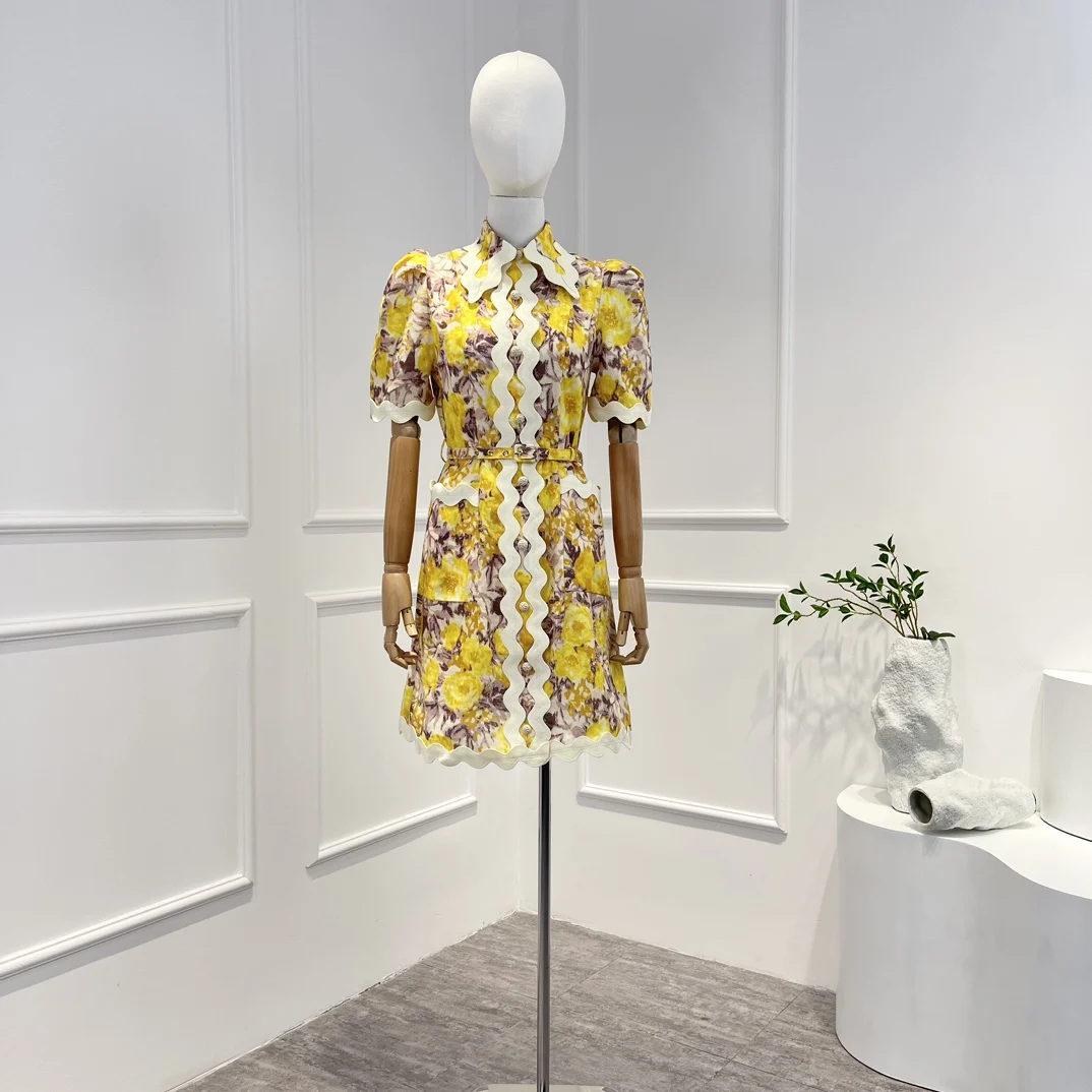 

Женское льняное платье с цветочным принтом, желтое мини-платье с вышивкой бежевого цвета, лето 2023