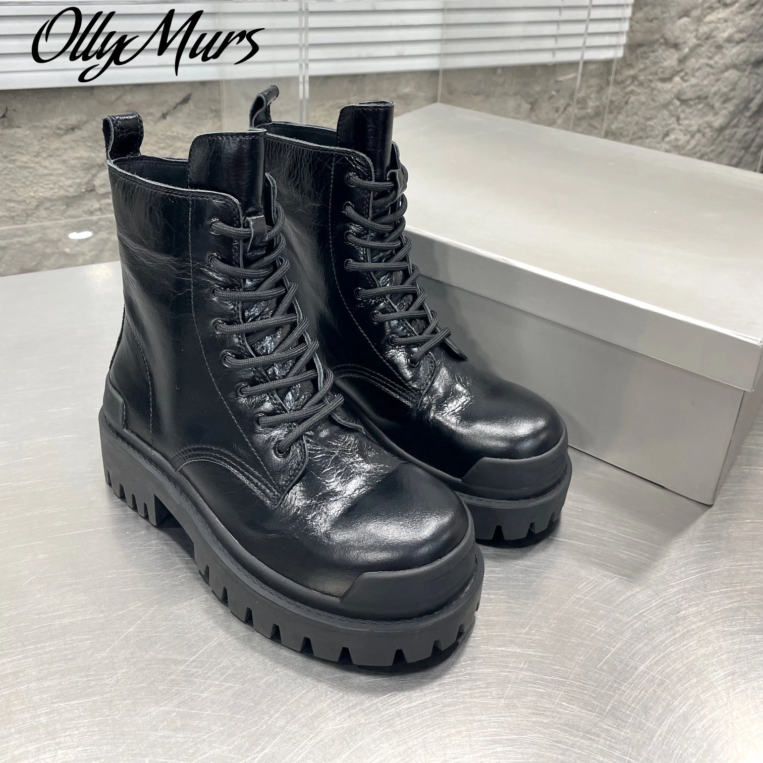 

Shoes For Women Genuine Leather Boots Med Heels Flat Platform Ankle Boots Autumn Designer Shoes British Style Zapatillas Mujer