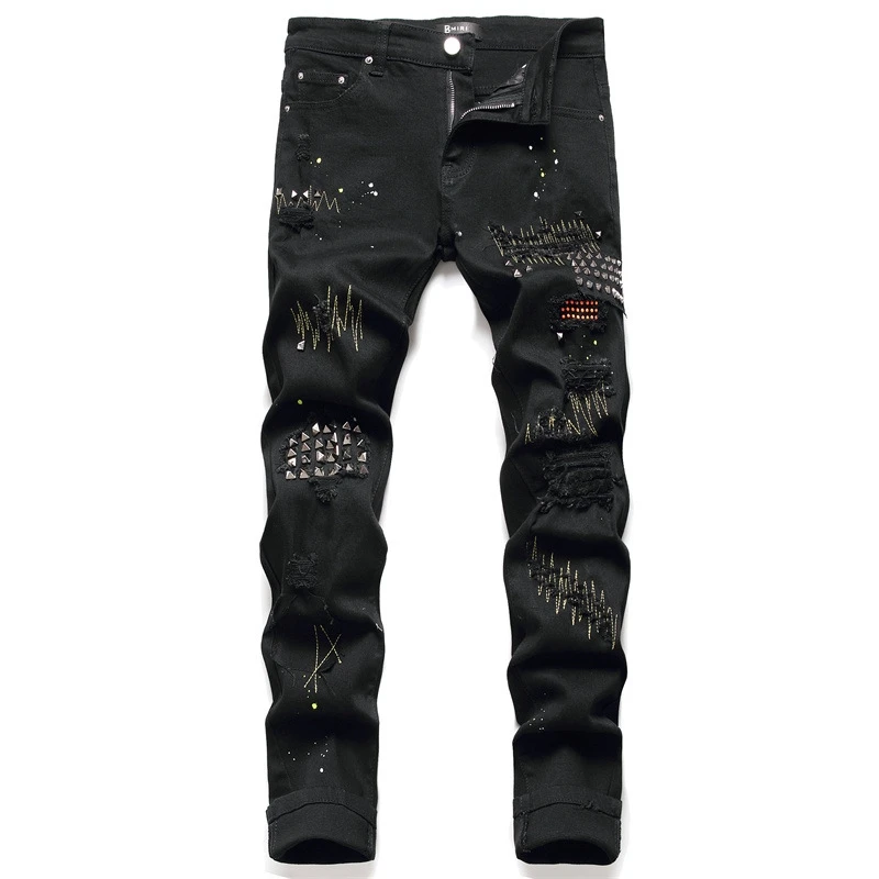 Diamond Embroidered Jeans Men's Scraped Inside Floral Trim Splash Ink Slim Cotton Stretch Leather Standard Black Pants 22