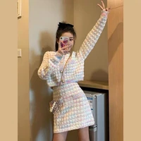 sweet two pieces knitting skirt set for women spring autumn cute girl long sleeve o neck cardigan top mini skirt lady suits