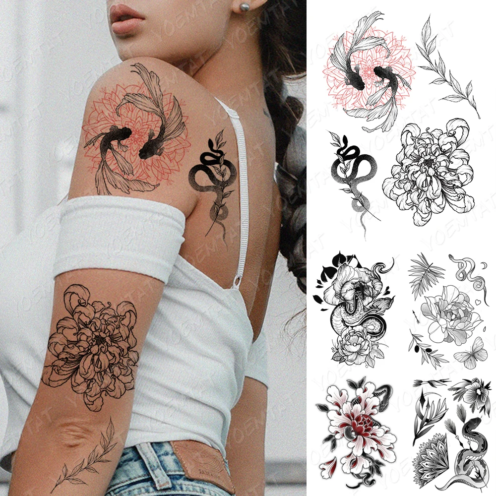 

Sexy Woman Waterproof Temporary Tattoo Sticker Chrysanthemum Peony Leaf Goldfish Snake Body Art Fake Tattoo Men Women Tattoos