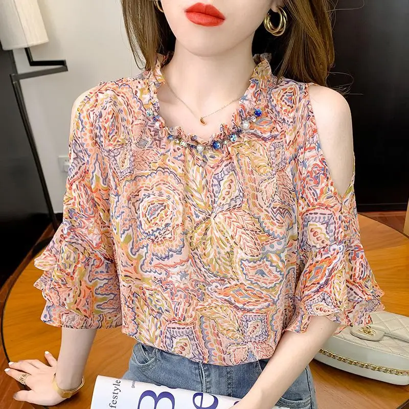 

Blouse 2022 Summer new chiffon off -the -shoulder neckline binding pear lady fashion and leisure trend round collar girl shirt