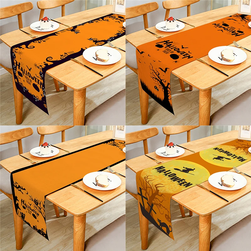 

Halloween Cat Bat Witch Castle Cartoon Printed Linen Table Runner Cloth Cover Anti-Slip Stain For Dinner Festival Party Decor