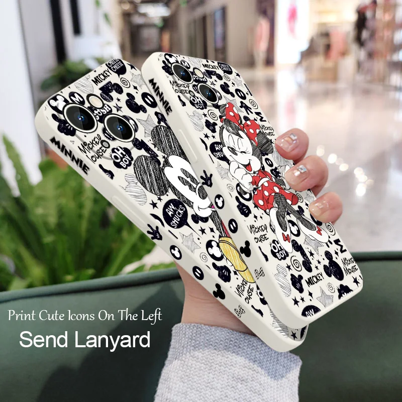 

Minnie Mickey Money For Apple iPhone 14 13 12 11 Pro Max mini XS XR X 8 7 6S 6 Plus Liquid Left Rope Phone Case Cover