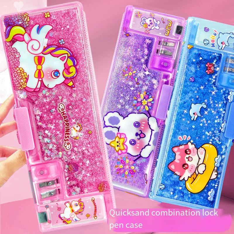 

Camouflage Dream Password Lock Quicksand Pencil Box Shining Princess Text and Box Large Capacity Pencil Case