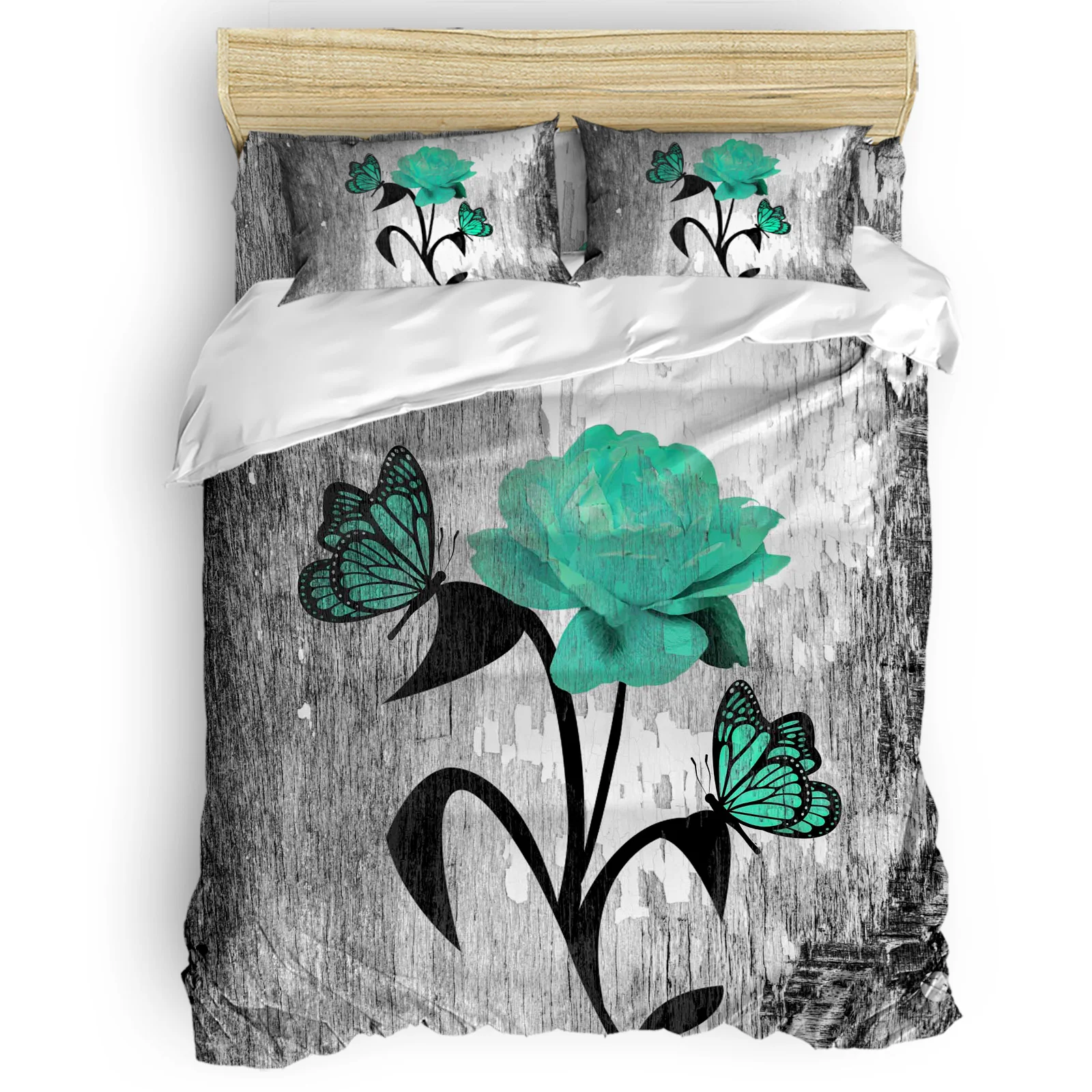 

Green Rose Flower Mottled Wood Grain Background Comfortable Household Goods Bedroom Bed Luxury Duvet Cover 2/3/4 Pieces