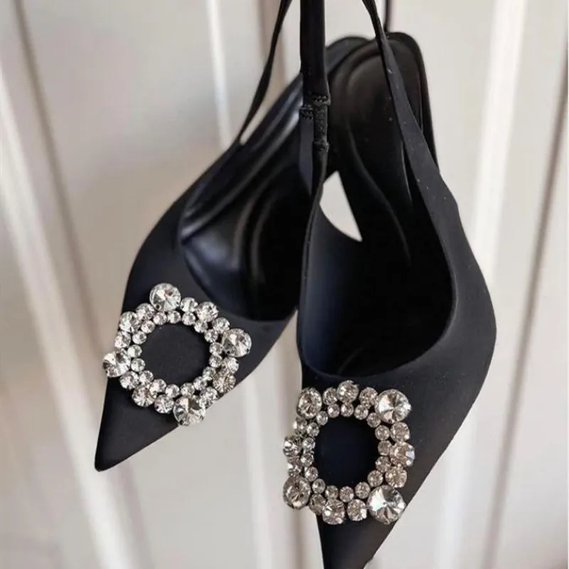 Summer Womens High Heel Shoes Crystal Slingback Pumps Black Pointed Toe Rhinestones Sandals Party Wedding Bride Heels Shoes