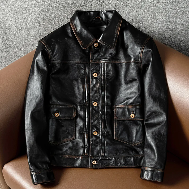

Skin Genuine Sheep luxury brand real Brand new 506 style heavy oil horsehide jacket.classic casual vintage genuine leather coat,