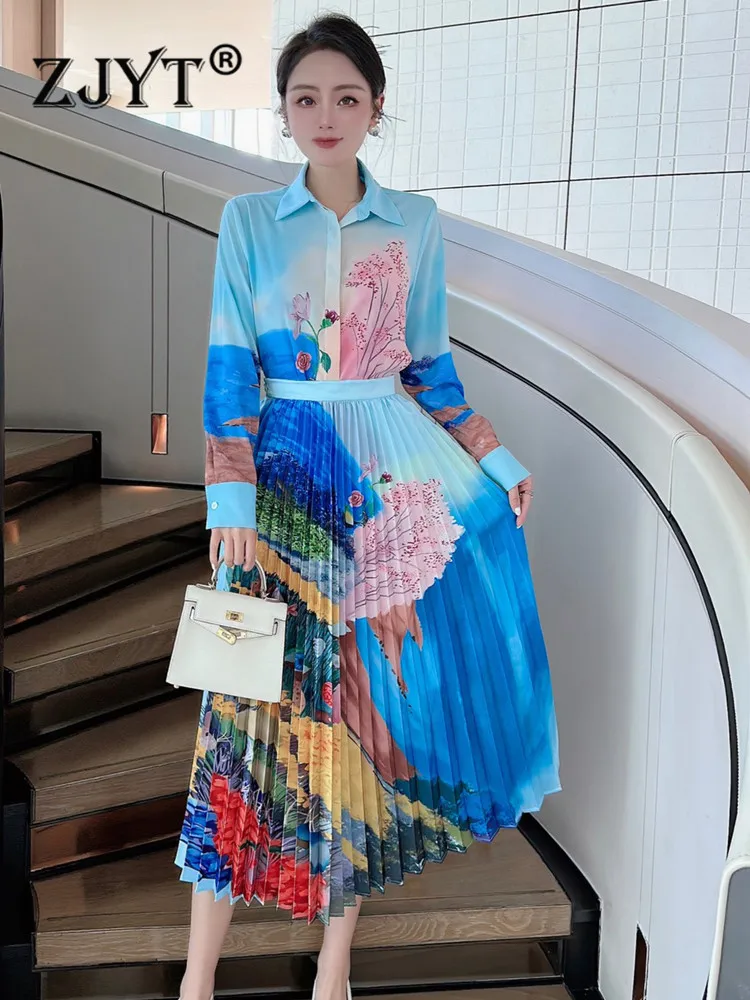 

ZJYT 2023 Designer Spring Floral Print Blouse Skirt Two Piece Set for Women Elegant Midi Pleated Dress Suit Holiday Outfits Lady