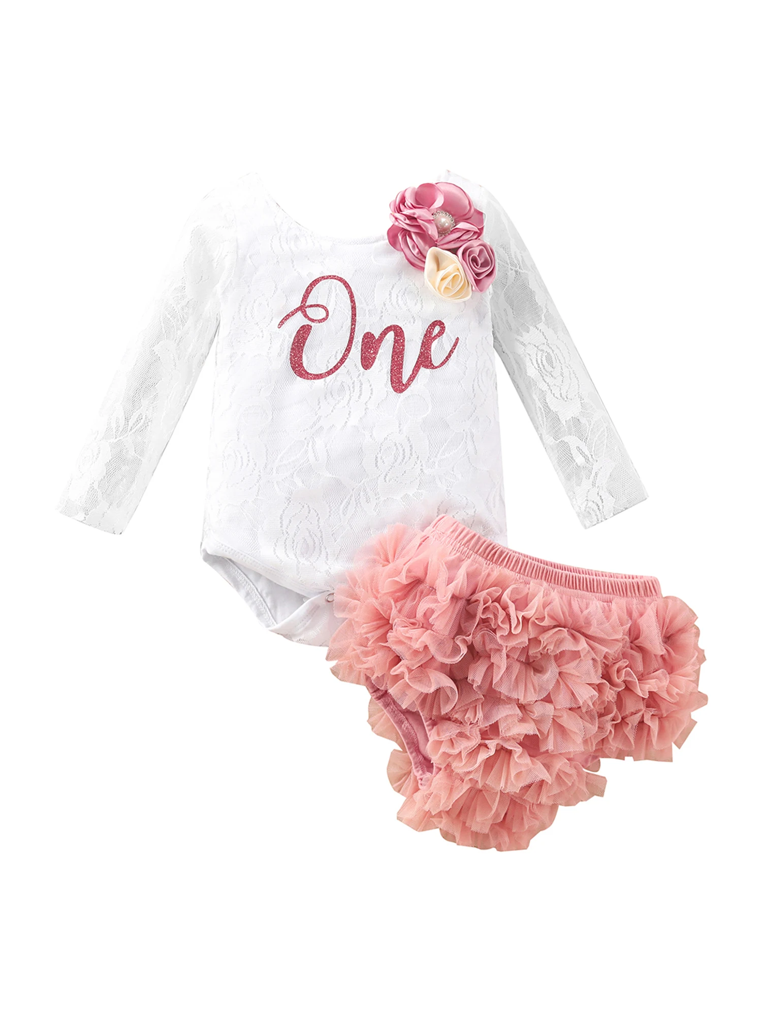 

Newborn Baby Girls One Birthday Lace Long Sleeve Romper Tops PP Shorts Floral Brooch 2Pcs Outfits