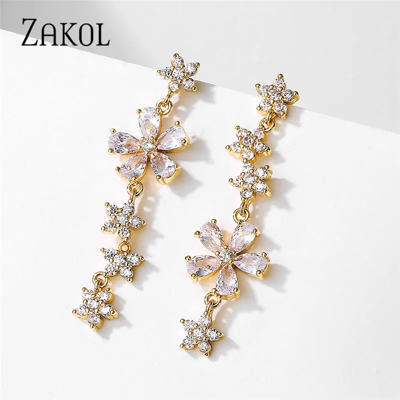 

ZAKOL Beautiful Flowers Dangle Earrings for Women Designer Luxury Micro-inlaid AAA Zircon High Quality Wedding Jewelry EP2448