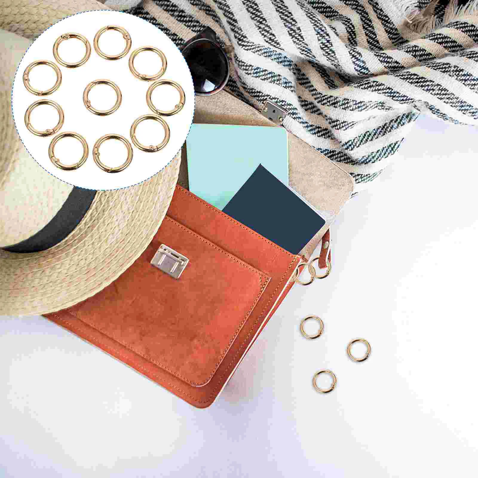

10 Pcs Handbag Strap Hardware Metal Suitcase Metal Golden O Ring Strap Spring Clip Jump Rings Round Snap Hook Metal Wallets