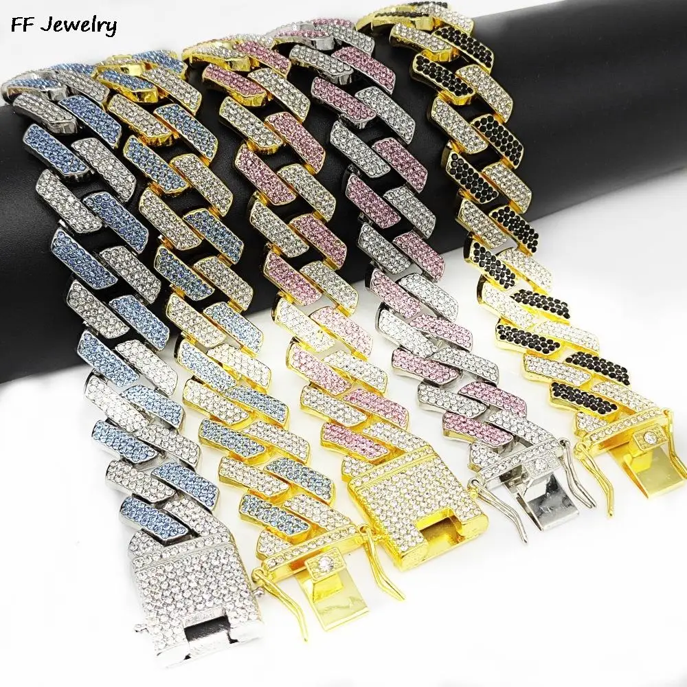 

Hip Hop Rhombus Cuban Chain Necklace for Men and Women Party 20mm Width Big Chains Necklace Hiphop Iced Out 3 Row Rhinestone