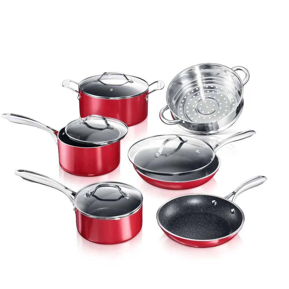 

10-Piece Non-stick Pots and Pans Cookware Set, Ultimate Durability with Mineral & Diamond Triple Coated, Red