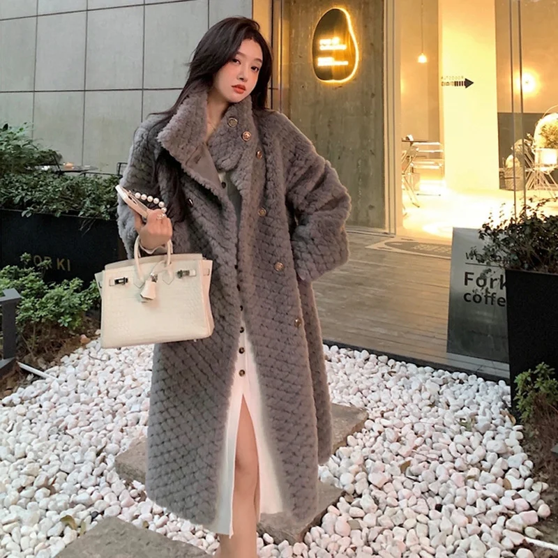 2022 New Women's Lamb Wool Grain Sheep Shearling Coat Autumn Winter Warm Fur Coat Casual Solid Color Lady Jackets Mid-length