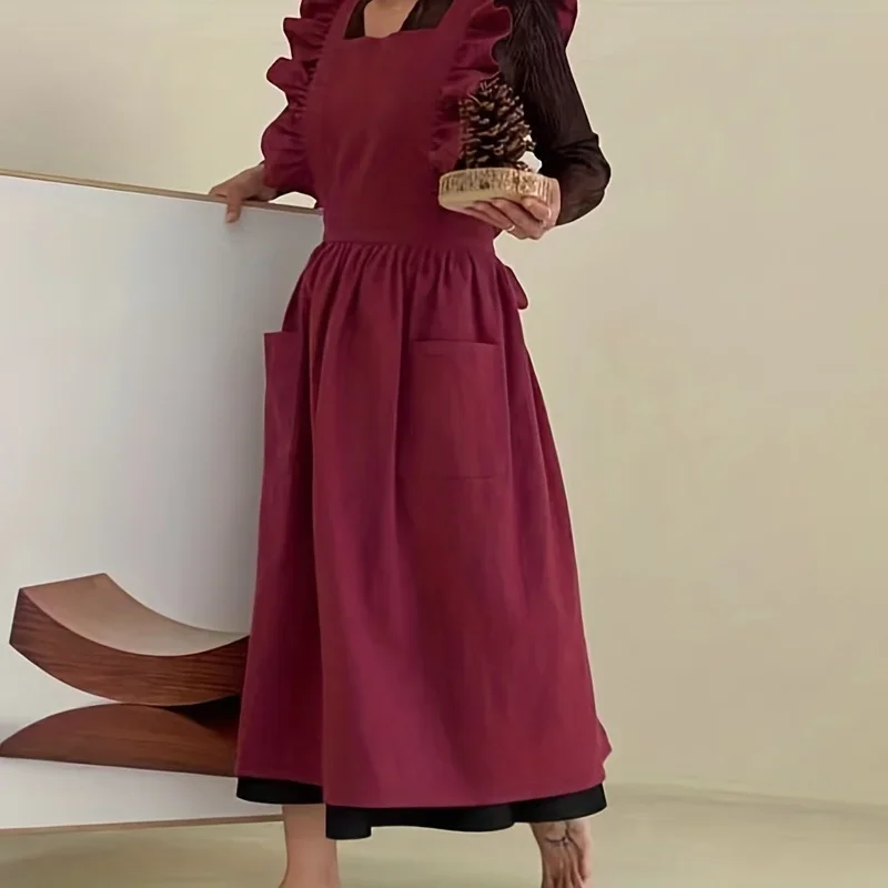 Бытовой кружевной хлопковый фартук из конопли в форме лотоса. Стильный льняной с