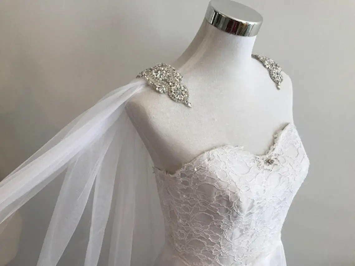

Cape Veil Rhinestone Appliques on Shoulders Long, Bridal Shoulder Veil In White, Ivory ,Off-White , Champagne