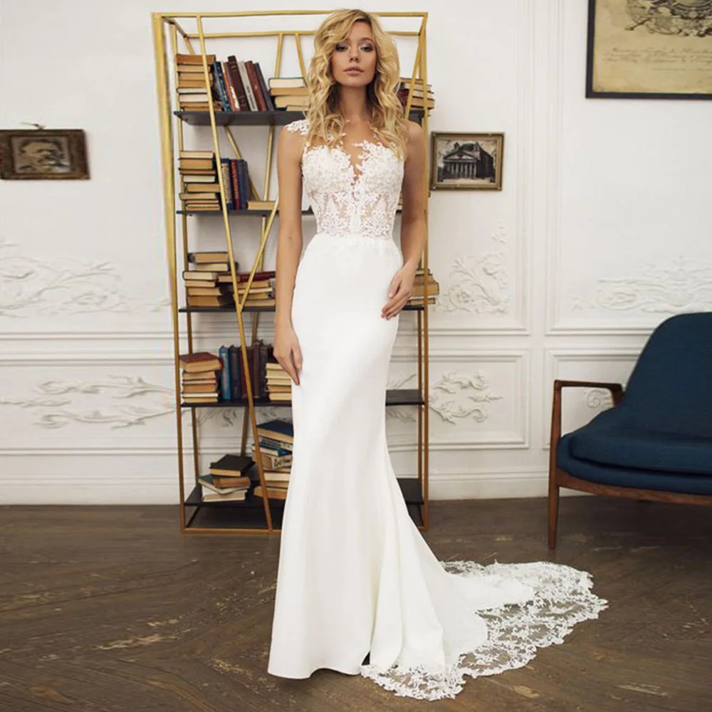 

Sexy V-Neck Mermaid Wedding Dress Boho Sleeveless Lace Appliques Bridal Gown Illusion Tulle Button Satin Train Robe De Mariée