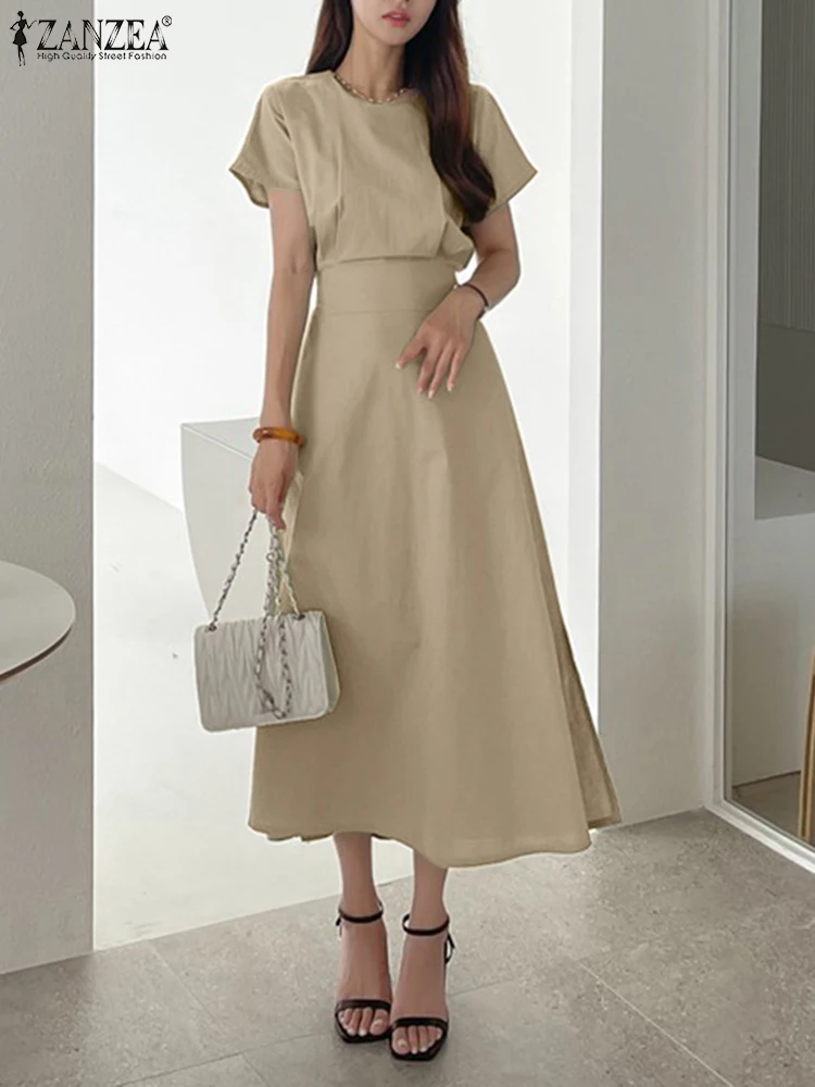 

Элегантное летнее платье ZANZEA с коротким рукавом и круглым вырезом, однотонные платья, женское платье-трапеция, повседневный модный вечерни...