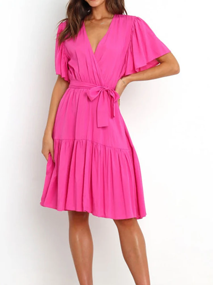 Casual Elegant Dress V-Neck Short-Sleeved Waist Mini Skirt 2022 Summer New Fashion Women'S Clothing images - 6