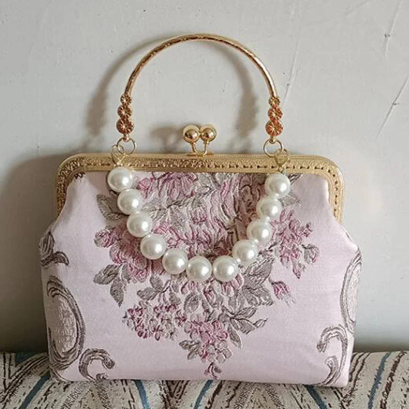 

Retro Bags for Women Embroidery Handbag Pink Flowers Pearl Chain Shoulder Crossbody Bag Vintage Purse Gifts for Mom/Girlfriend