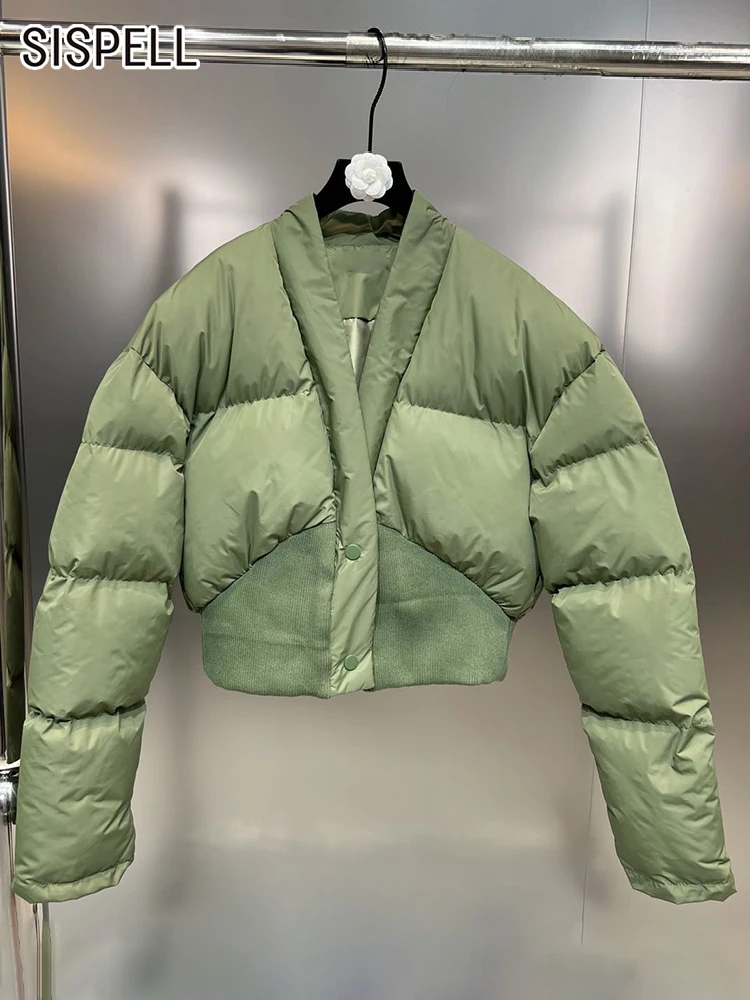 

SISPELL Temperament Parkas For Women V Neck Long Sleeve Patchwork Single Breasted Casual Loose Winter Coat Female Fashion Style
