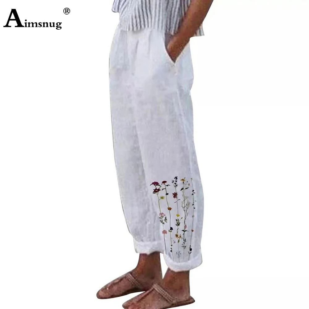 Women's High Cut Straight Leg Pants 2022 Cotton Linen Pant Casual Pocket Design Pantalon Ladies Bohemian Flower Print Trousers