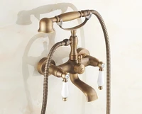 vintage retro antique brass double ceramic handles wall mounted claw foot bathroom tub faucet mixer tap with handshower mtf153