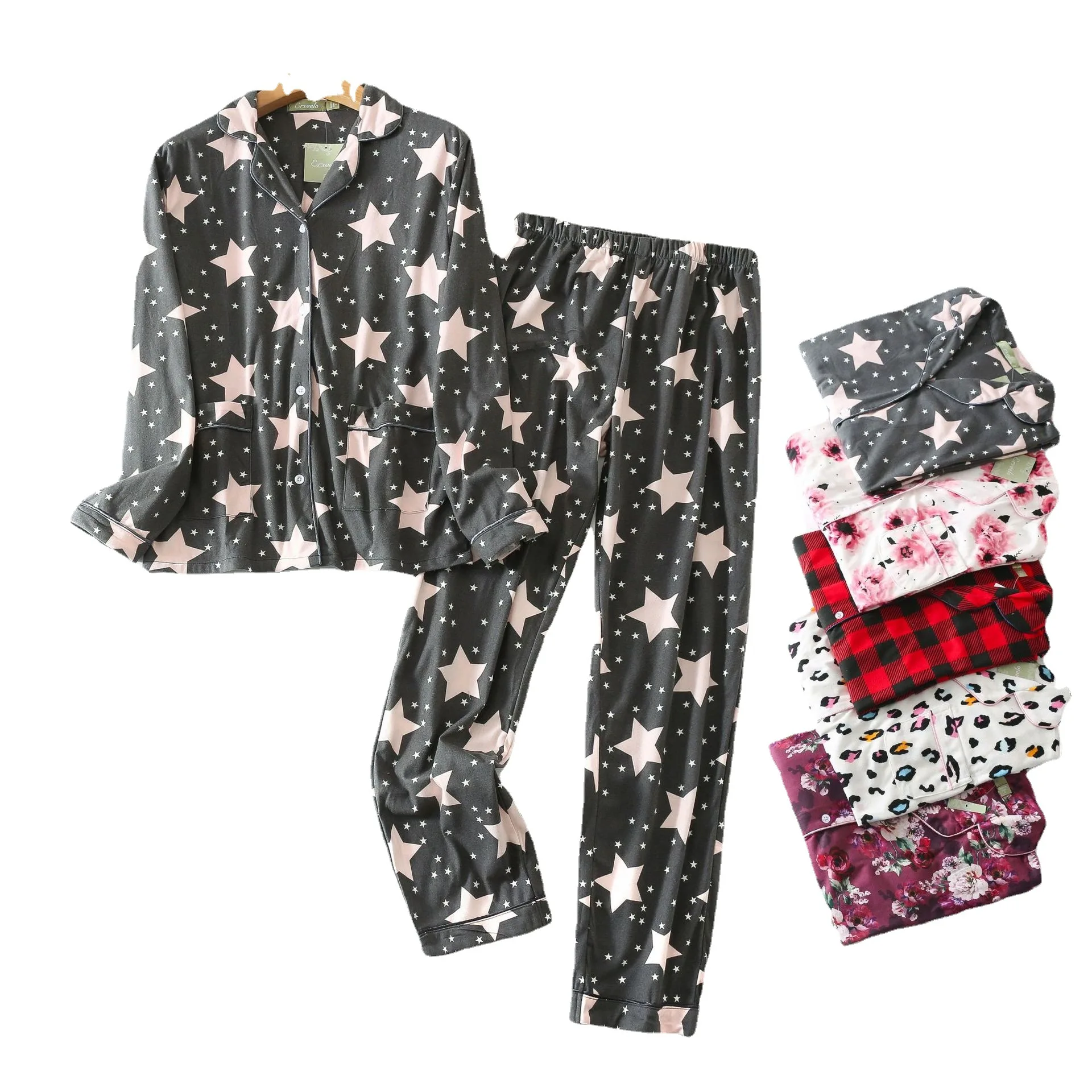 Women Knitted Flannel Pajamas Long-sleeved Trousers Housewear Suit Winter Thermal Pajama Set for Women Button Down Pjs Set S-L