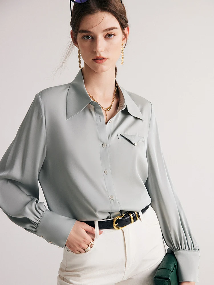 SuyaDream Woman Dress Shirts 90%Silk 10%Spandex Turn Down Collar Solid Chic Blouses 2023 Spring Summer Office Lady Top Grey enlarge
