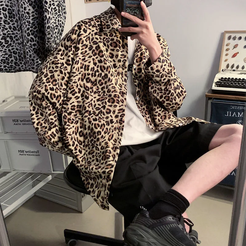 

2023 Privathinker Oversize Harajuku Casual Spring Blouses Shirt Long Men's Hop Male Leopard New Sleeve Hip Couple Cardigan