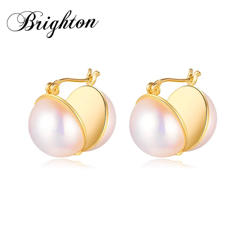 

Brighton 2023 Vintage Double Round Shell Pearl Stud Earrings Gold Color Metal Brincos For Women Unique Fashion Jewelry Gift