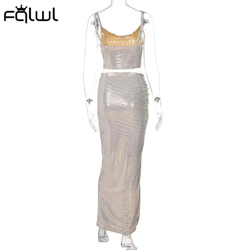 FQLWL Spring Sparkling Sequins Slit Dress Suits Sexy 2 Two Piece Sets Women Long Skirts Outfits Clubwear Cami Strap Crop Top images - 6