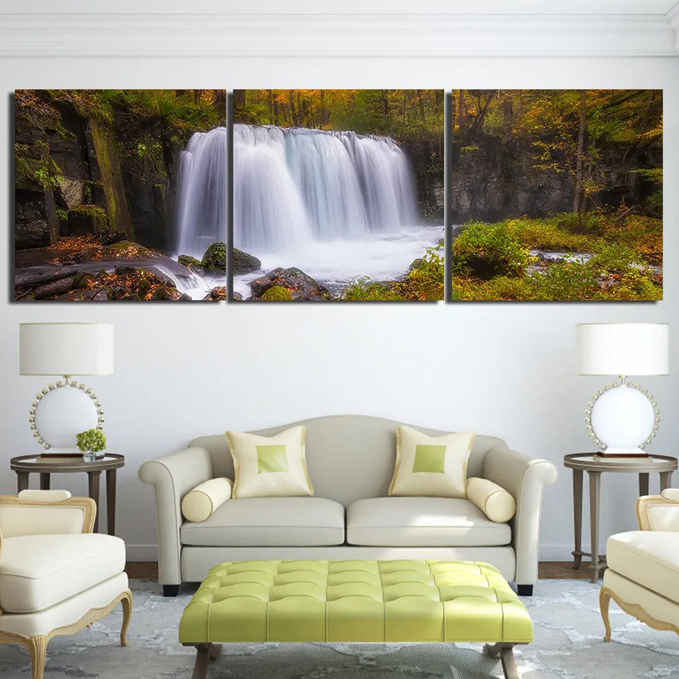 

3 Panels Landscape Waterfall Forest Tree Canvas Painting Posters and Prints Wall Art Pictures Living Room Home Decor No Frame