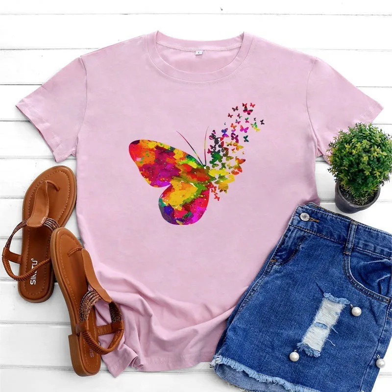 

Casual Summer Fashion Female Short Sleeve Graphic Women T-shirt Butterfly Print Ladies Regular Daily Vintage Round Neck Tee Tops
