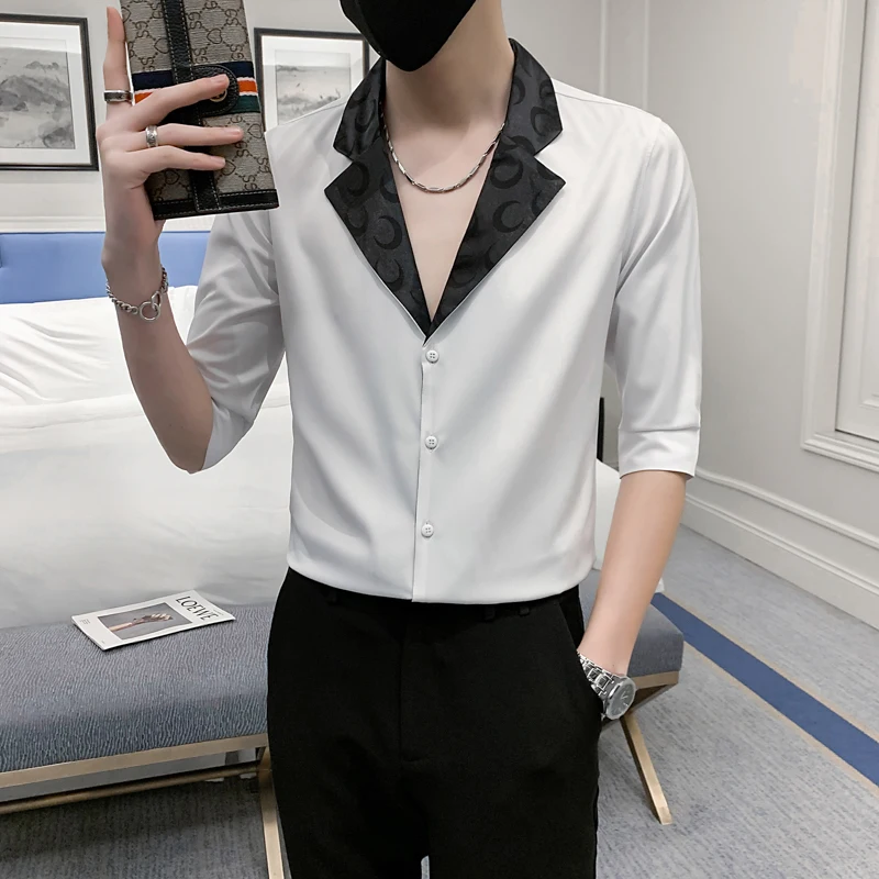 Корейская модная мужская рубашка с большим отворотом приталенная деловая