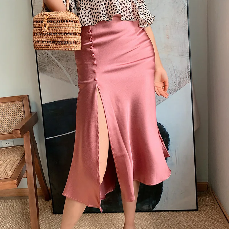 

Юбка Женская атласная в стиле ретро, тонкая розовая элегантная офисная юбка с разрезом на боку, на молнии, с завышенной талией, Y2k, на пуговиц...