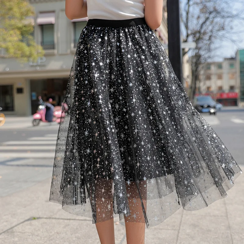 

Милая плиссированная элегантная пышная сетчатая юбка средней длины со звездами, юбка-трапеция, Женская весенне-летняя новая мода