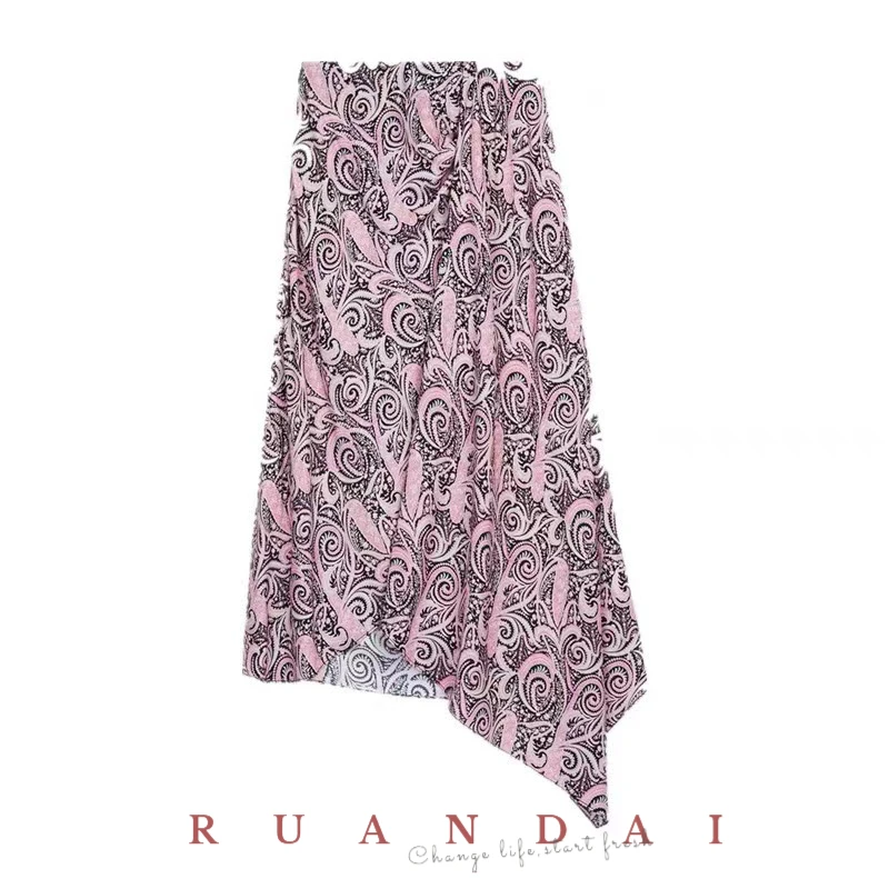 Cashew Flower Irregular Mini Skirt for RUANDAI 2022 Summer New Printed Long Skirt Side Split High Waist Half Skirt Female