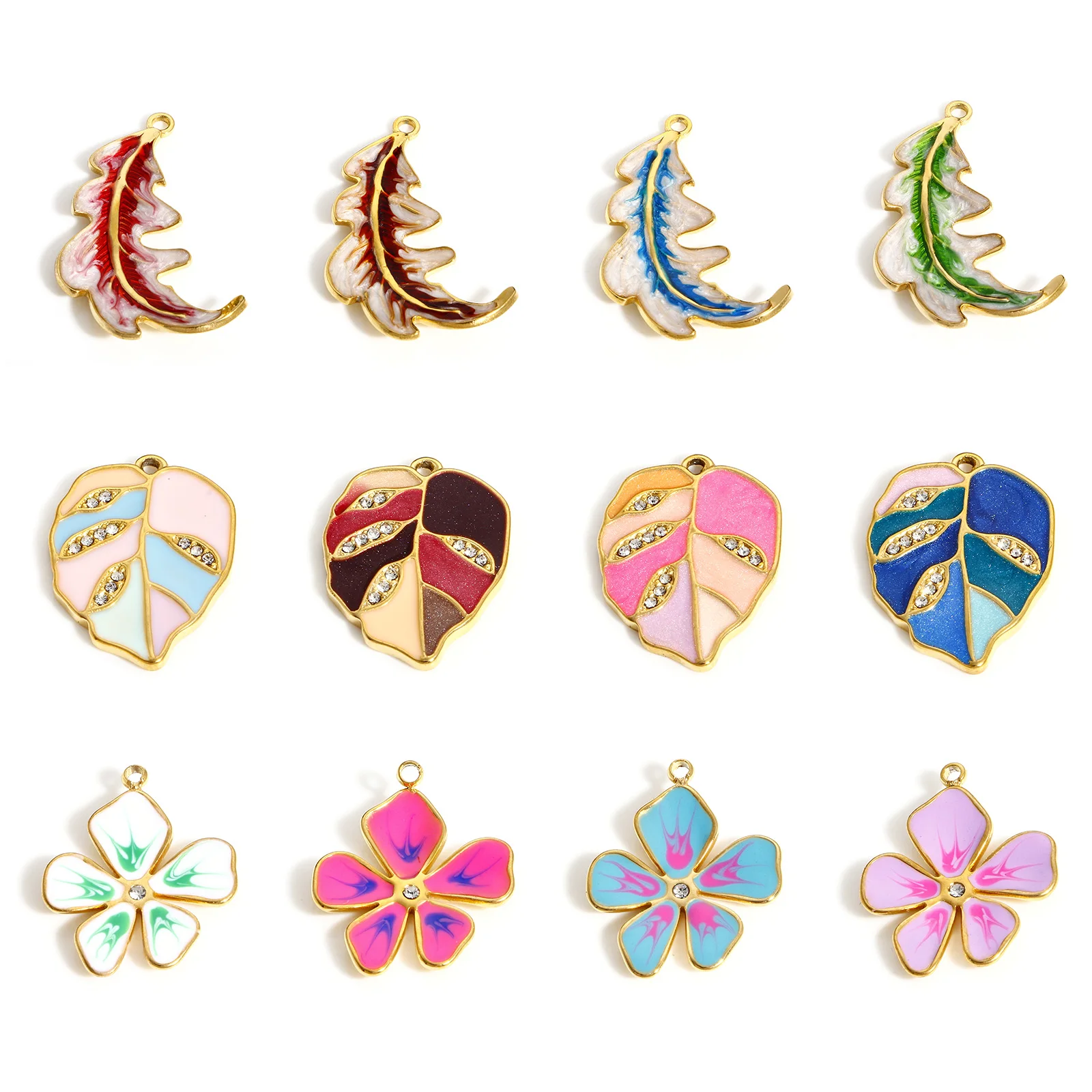 304 подвески из нержавеющей стали с цветами и листьями красочные эмалевые