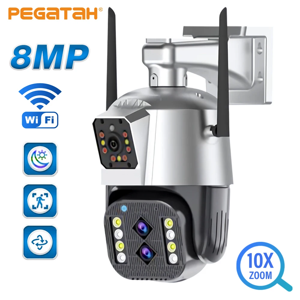 

PEGATAH 8MP 4K Outdoor Wifi Camera with Anti-theft Siren Alarm Dual Lens 10X Zoom PTZ Speed Dome Ai Human Detect CCTV IP Cameras