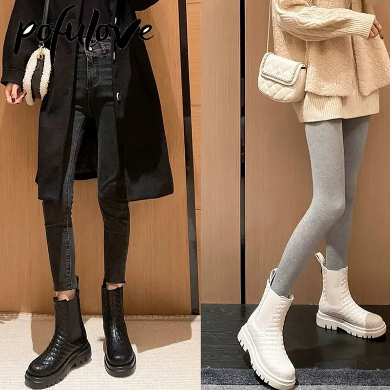 

Зимние сапоги Pofulove, женские меховые сапоги, плюшевая теплая обувь, кожаные ботильоны, черные, белые ботинки на платформе, обувь на плоской подошве, ботинки челси