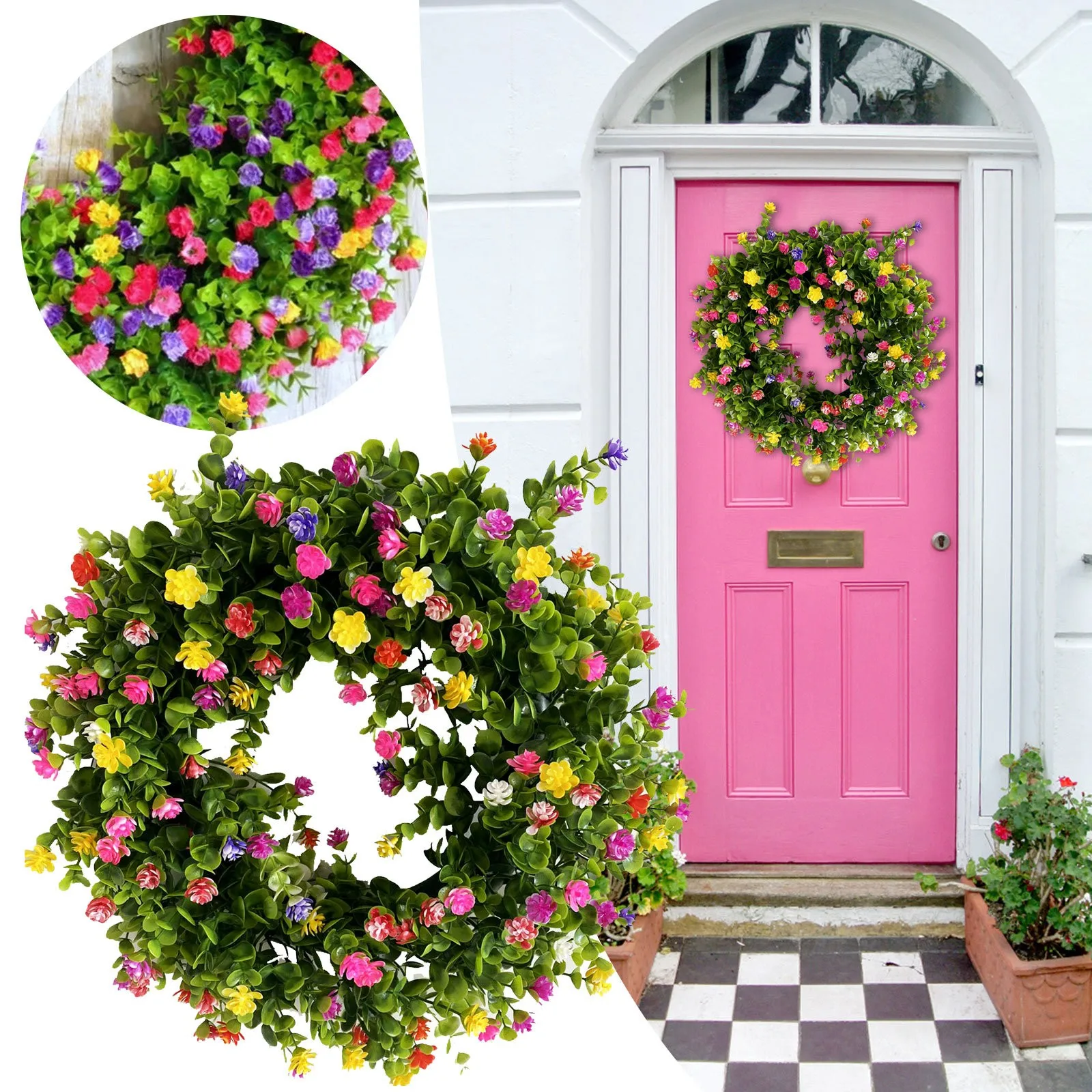 

Colorful Cottage Wreath Round Artificial Green Garland Used For Decoration Of Door Wall And Window Wedding Party Decorative
