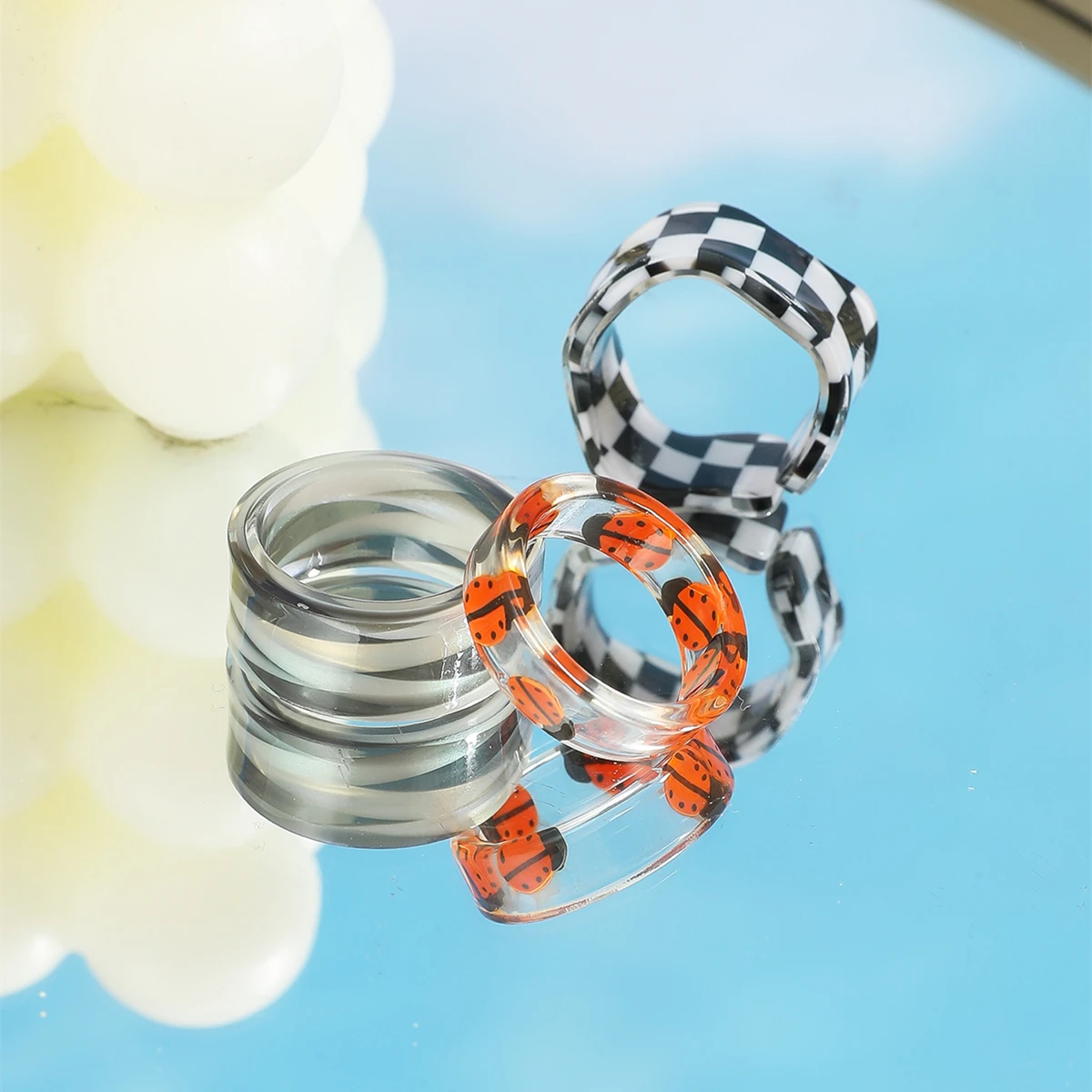 Fashion Ins Style 2022 New Acrylic Checkerboard Rings Suit For Women ResinAcetate Open Rings Girl Birthday Party Jewelry Gift