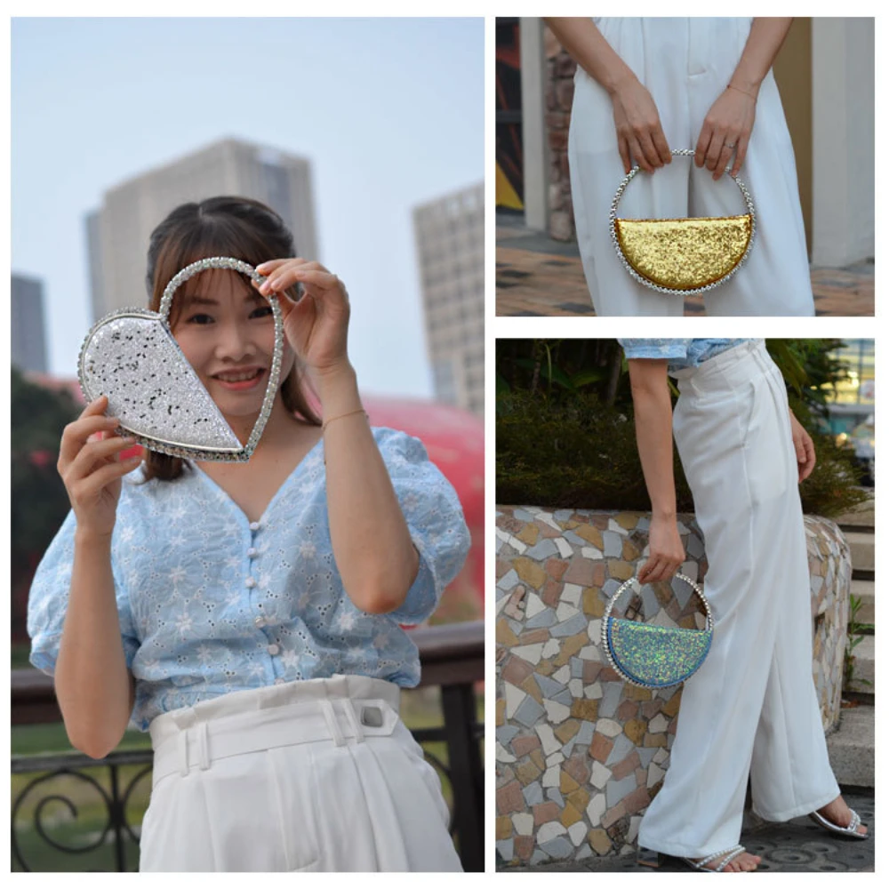 New Sequins with Diamonds Round Heart-shaped Clutch Bag with Diamonds Dinner Bag Fashion Women's Bags  Handbags  Purses Hand Bag